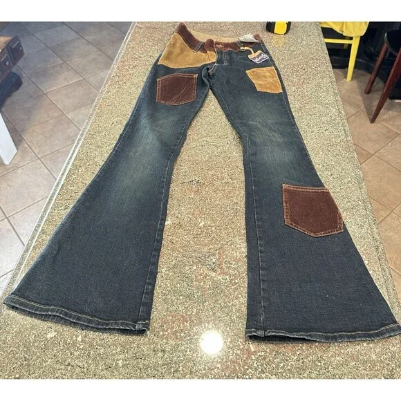 Vintage 70s style Patchwork Watch LA Flare Bell Bottom Cotton Denim Jeans NWT - Picture 3 of 16